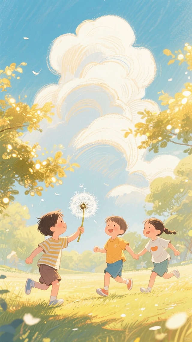 阳光透过树叶洒下金色光斑，两三个孩子在自然中玩，其中一个小孩手拿大型蒲公英。色彩明亮柔和，充满童趣，远处有大朵的云层