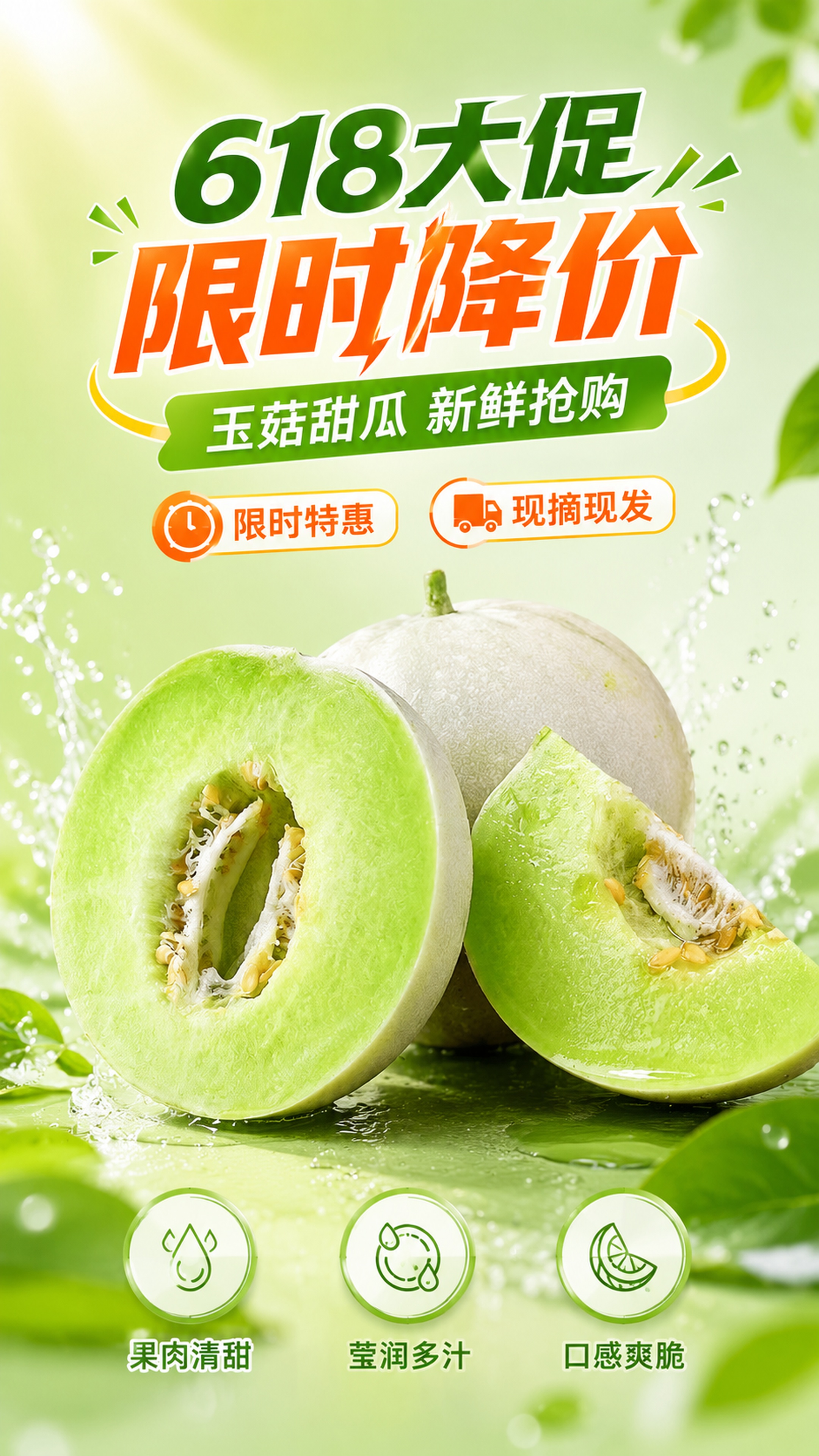 这是一张玉菇甜瓜618大促限时降价抢购促销海报，比例9:16，… - 图片创意预览