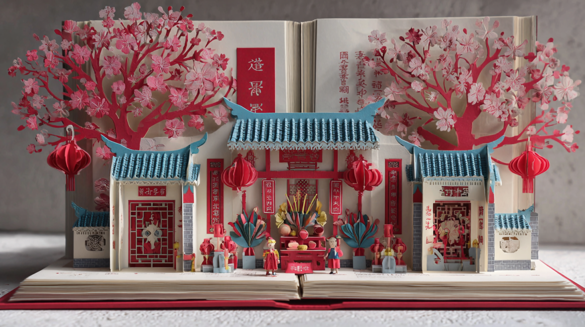 New Chinese paper-cut art style, 3D pop-up book unfolding effect, core scene is traditional Minnan a预览效果