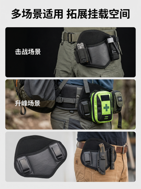 图生图，以输入的黑色单联战术腰封为原型，保持产品外观与原图完全一致。风格生活化真实感，柔和自然光；分三栏展示腰封搭配战术腰带挂载工具、户外徒步搭配背包、日常工装穿搭三个场景效果，背景均为浅灰色低饱和背预览效果