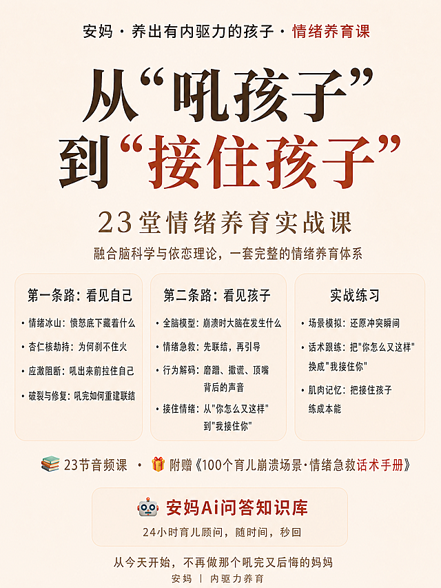 参考左侧参考海报（image1）的标题字体和颜色风格，修改右侧课程海报（image2）的主标题“从‘吼孩子’到‘接住孩子’”：将主标题字体换成和参考海报一样的厚重有力衬线字体，颜色也保持和参考海报一致（深棕色，强调文字可搭配砖红色），同时整体海报的暖杏色背景、文字排版、模块布局都保持原有结构，只调整主标题字体和颜色。
