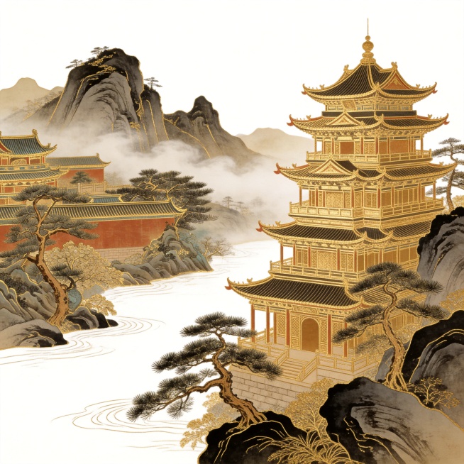将上一步生成的图像提取为线稿，所有线条均为金色，背景透明或纯白，保留原图建筑、山石、松树等结构细节，风格为古典工笔描金线稿预览效果