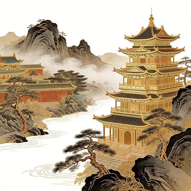 将上一步生成的图像提取为线稿，所有线条均为金色，背景透明或纯白，保留原图建筑、山石、松树等结构细节，风格为古典工笔描金线稿