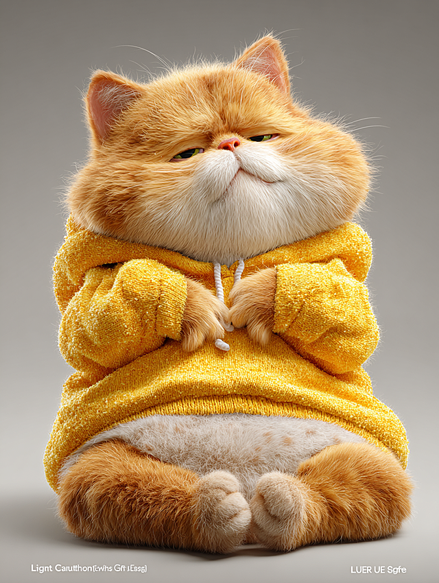 Prompt:
Front view full body shot, a cute chubby orange tabby cat, flat face, round cheeks, anthropomorphic pose, sitting lazily, wearing a yellow texture-rich cotton hoodie, paws resting on belly, arrogant and disdainful expression, half-closed eyes, Chinese 3D Donghua style (国漫风格), Light Chaser Animation style (追光动画风格), style of "White Snake: Origin", Unreal Engine 5 render, finely detailed fur simulation, ethereal lighting, volumetric fog, subsurface scattering, 8k, best quality --ar 3:4 --v 6.0 --no disney, pixar, western cartoon, plastic, clay
