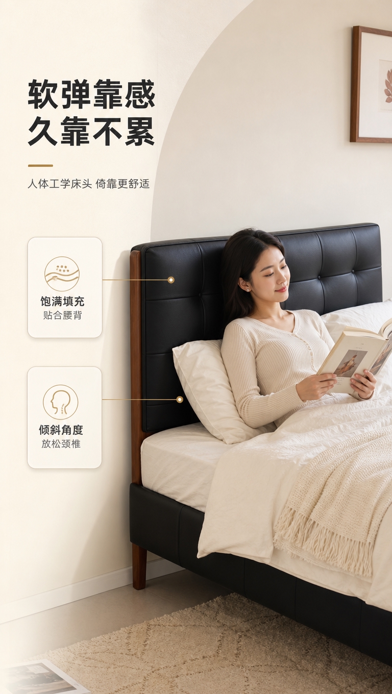 [商品] 使用【图1】黑色真皮软包床；保留床头方形拉点软包、黑… - 图片创意预览