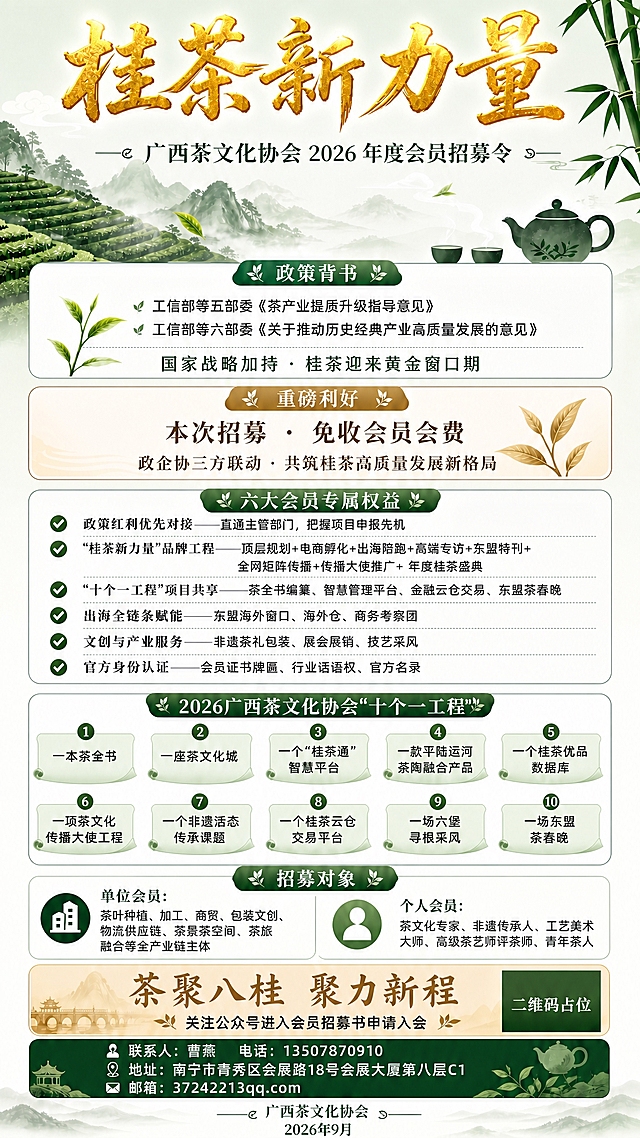 以这张金色标题版本的海报为基准，严格保持画面内容和版式不变，重新输出为 2160×3840 像素的手机全屏高清竖版海报。大标题『桂茶新力量』保持亮金色鎏金书法质感，淡绿色茶文化风格、政策背书区、重磅利好区、六大会员专属权益、十个一工程、招募对象、行动号召、联系方式、落款全部保持不变，所有文字清晰可读、不遮挡不重叠。画面中所有数字必须精确渲染为『2026』『13507870910』『18』『C1』『37242213@qq.com』，不得错位、遗漏或编造。二维码区域继续使用纯色方块占位符，中央标注"二维码占位"文字，严禁生成可识别的二维码图案。所有信息区域必须填充完整合理的内容，不得出现空白框、空白占位、横线待填写区域、空列表项。
