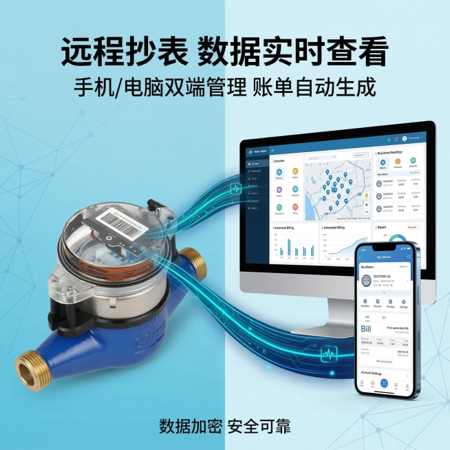[垫图] 
[主图主题]智能水表远程抄表系统展示
[氛围/风格]科技互联网风，现代感
[画面元素]水表在左侧，右侧展示电脑端和手机端的抄表管理系统界面，蓝色数据流线条连接水表和设备，背景为浅蓝渐变科技预览效果