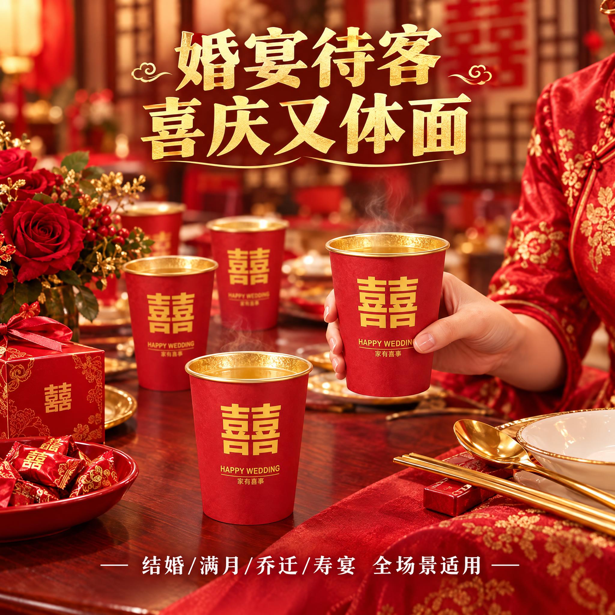 [主图-4] 金箔喜字纸杯真实婚宴使用场景图，展示婚礼宴席上的… - 图片创意预览