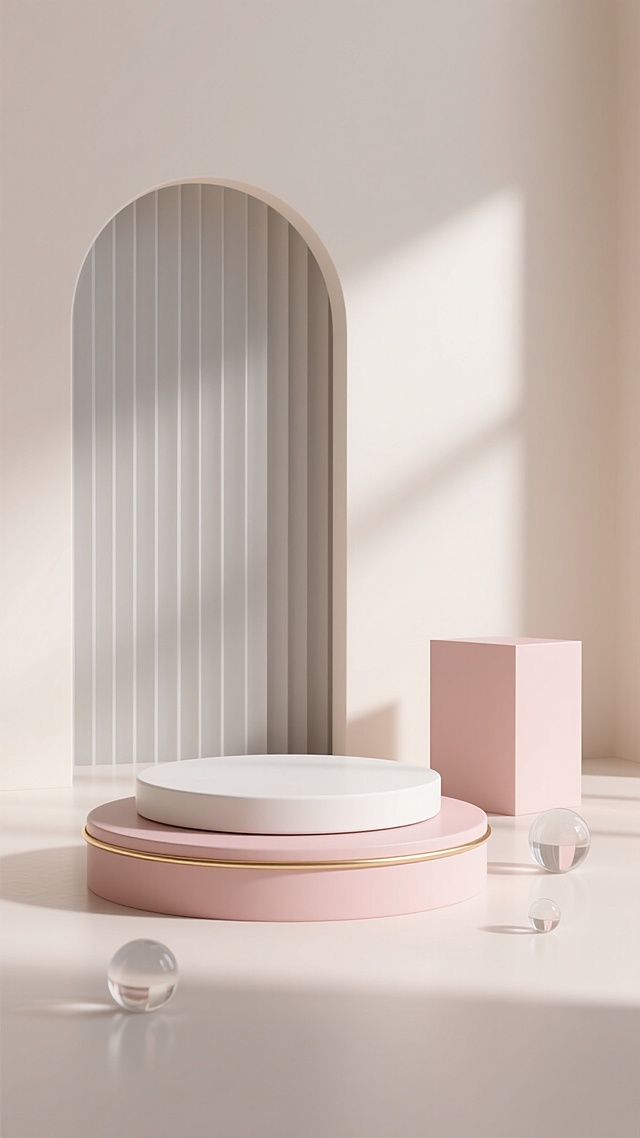极简主义3D渲染展示场景，柔和的米白色与淡粉色为主色调，温暖的侧上方柔光照射，形成细腻的阴影和高光渐变。背景有一个优雅的拱形门洞，内部可见垂直排列的浅灰色百叶窗纹理。前景中央是一个圆形展示台，台面为光滑的白色，底座为淡粉色，边缘环绕着一圈纤细的金色装饰环。右侧有一个相同色系的长方体展示块。地面散落着两个透明的玻璃球体和一个半透明的玻璃半球体，整体构图遵循简约对称美学，物体表面呈现光滑细腻的磨砂质感，空间感开阔，氛围宁静、优雅且富有高级感，适合产品展示。