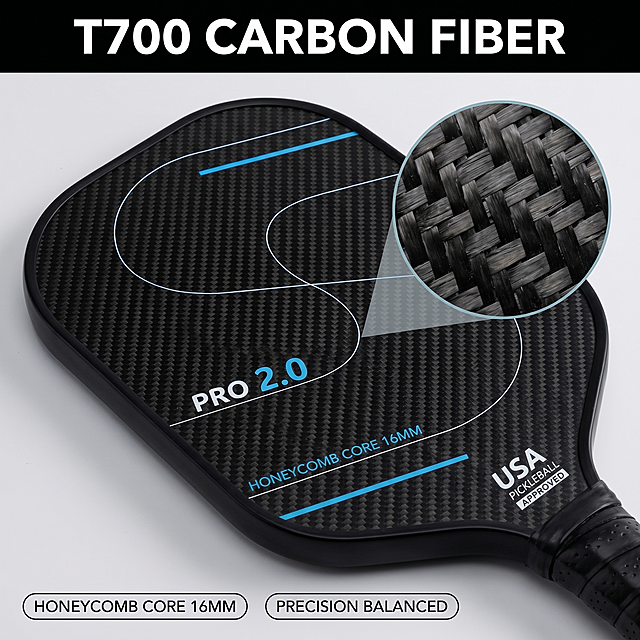 [Main Image 3] Pickleball Paddle material and craftsmanship details close-up. Focus on the carbon fiber surface texture and large sweet spot area of the paddle, with a magnified detail window showing the carbon fiber woven texture in the upper right corner. Keep the paddle overall appearance consistent with input image. Main title "T700 Carbon Fiber" at the top, two small labels at the bottom: "Honeycomb Core 16MM" and "Precision Balanced". Background is light gray, commercial close-up photography, 1:1 ratio, all text in English, 2K resolution. Negative prompt: deformation, watermark, text confusion, blurry, messy background
