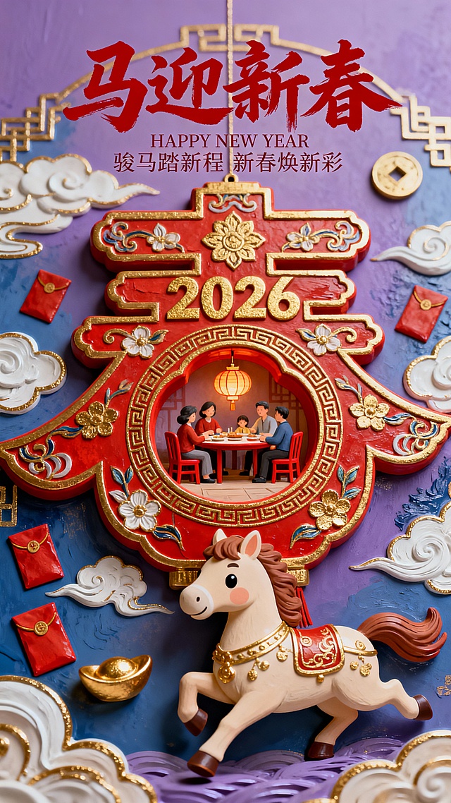 微缩艺术，马年新春海报，喜庆，融合传统新春元素与萌系Q版设计。前景为Q版奔跑姿态马形吉祥物，搭配红包、金元宝装饰；中心主体是巨大红色花灯春字造型（作为场景容器），中式纹样，春字内部嵌入微缩家庭聚餐场景（家人围坐红椅、餐桌，桌上有灯笼），春字带上“2026”金色字与传统花纹；主色调为暖蓝紫色深夜背景（装饰烟花、雪景和雪人、梅花），搭配红、金、白新春配色，整体色调柔和明快。醒目书法大字“马迎新春”（笔触灵动的红色书法体），书法字下方为英文“HAPPY NEW YEAR”+诗句“骏马踏新程 新春焕新彩”（简洁衬线字体）。