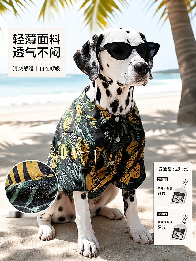 [主图-3] 将原图柴犬替换为斑点狗，展示衬衫轻薄透气细节；[氛围风格] 海边椰树下休闲场景；[画质] 商业摄影质感、光线柔和通透、产品清晰真实、画面干净高级。[元素] 斑点狗佩戴墨镜，穿着和原图一致的黑色底黄绿叶热带植物印花衬衫，衬衫外观、花纹、材质完全一致，无变形色差。背景是海边沙滩搭配椰树影子，整体自然度假氛围。主体占比约70%，满屏无边框。主图大特写展示衬衫面料纹理，用细引线标注透气孔细节。[光影] 午后自然侧光，椰影斑驳，光线柔和层次感强。[配色] 主色沙滩米白+椰叶绿，搭配衬衫撞色，自然清新。[视角构图] 45度斜侧特写，突出衬衫面料细节，景深适中。[文字版式] 左侧标注细节说明，引线指向面料：「轻薄面料 透气不闷」，右侧小画中画展示防晒测试对比，浅底黑字清晰可读。[比例分辨率] 3:4 比例，4k 分辨率；文字清晰锐利，画面超高清。[负向提示词] 变形，水印，文字错乱，产品图模糊，背景杂乱，文字遮挡主体