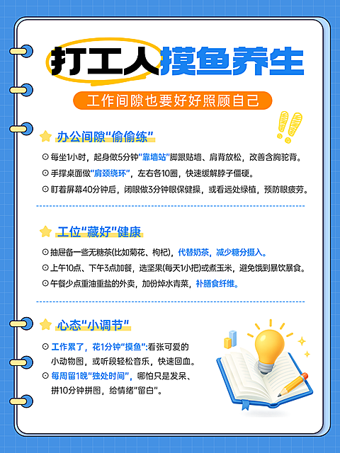 蓝色简约风打工人如何养生科普小红书封面配图
