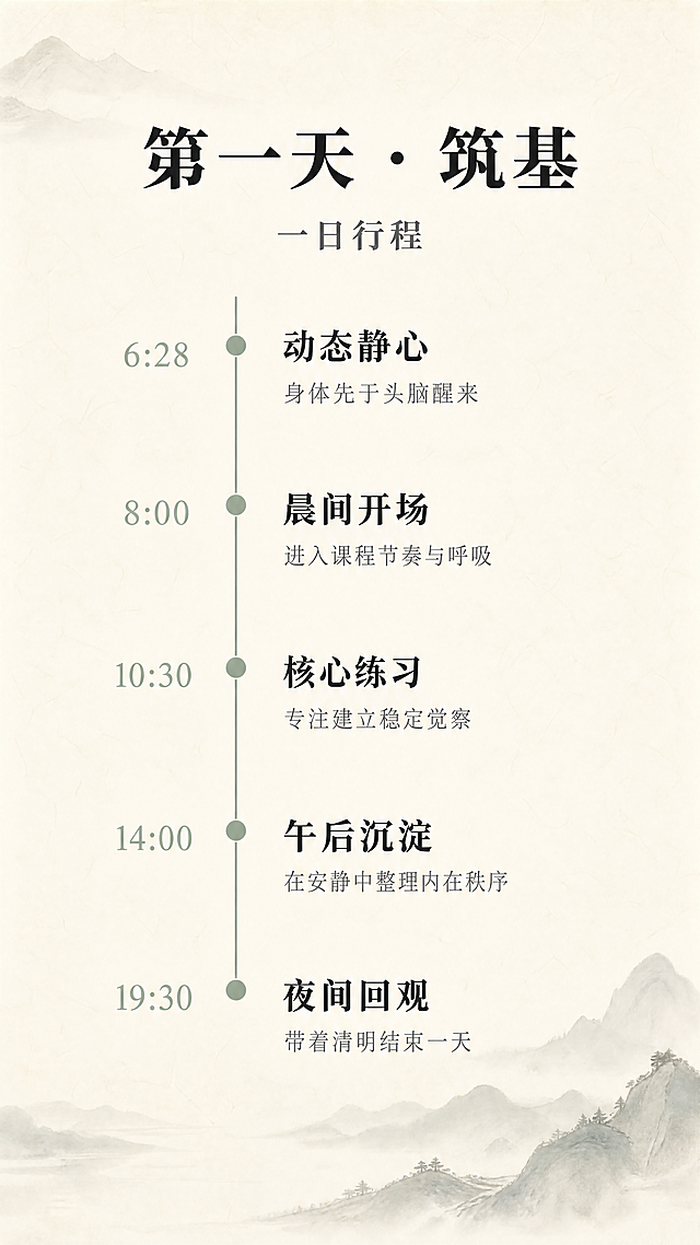 [第3屏] 一阶第1天课程完整流程安排
[氛围/风格] 禅意风，宁静时间轴设计，东方极简美学，舒缓氛围感
[元素布局] 顶部为标题"Day 1 一日行程"，中部采用竖向时间轴串联全天5个核心环节，每个环节用圆点标注，时间节点在左，内容介绍在右，整体对称舒展，背景为淡淡的宣纸纹理，边角用浅墨远山做远层次装饰，不抢主体信息
[光影质感] 均匀柔和漫射光，整体干净通透，无明显硬阴影
[配色色系] 全局底色：#F7F3EA；主文字深灰#2C2C2C，时间轴浅灰绿#9BB2A1，时间节点文字用浅灰绿标注
[视角构图] 竖向通屏排版，时间轴居中偏左，信息分块清晰，阅读动线流畅
[文字版式] 顶部大标题"第一天 · 筑基"加粗居中，小标题"一日行程"在下方，字号稍小；每个环节：时间"6:28"+标题"动态静心"+短说明"身体先于头脑醒来"，层级分明，主标题加粗，说明文字浅色，行间距宽松，保证移动端阅读清晰
[比例分辨率] 9:16竖版比例，1080x1920，4K分辨率，文字清晰可辨
[负向提示词] 变形，水印，文字错乱，颜色偏差，背景杂乱，色彩鲜艳，线条杂乱，构图拥挤