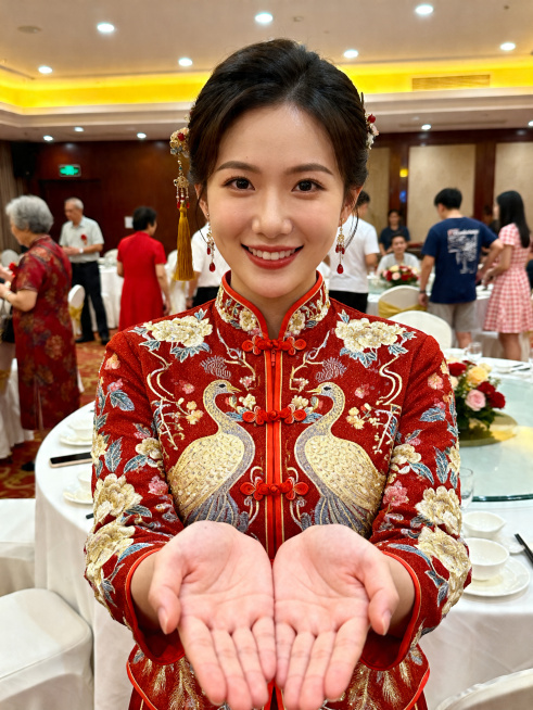 画面中心是一位年轻东亚女性，身穿精致红色中式秀禾服，衣服绣有金色凤凰、花卉与传统纹样，盘扣细节清晰；人物自然微笑，表情温婉亲切，不夸张咧嘴，双手在胸前呈标准持红包姿势，双手掌心相对、呈捧物状，双手之间预览效果