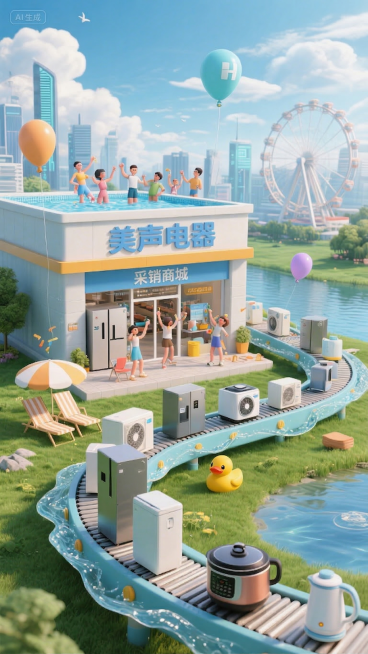 修改图片中店铺招牌和门楣上的文字，原文字替换为：招牌改成'美声电器'，门楣改成'采销商城'，保持原有字体风格和蓝色配色不变，其余所有画面元素、构图、风格均保持不变预览效果