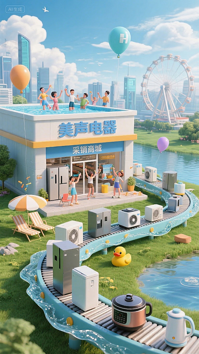 修改图片中店铺招牌和门楣上的文字，原文字替换为：招牌改成'美声电器'，门楣改成'采销商城'，保持原有字体风格和蓝色配色不变，其余所有画面元素、构图、风格均保持不变