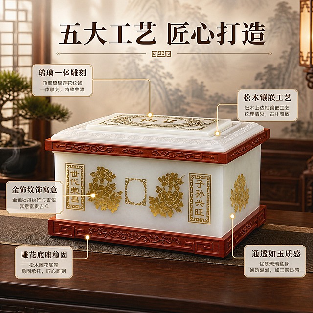 [主图-2] 核心亮点图，主题：五大工艺亮点 匠心打造。任务是用引线标注方式展示产品各部位的核心工艺与材质优势。
[统一基调] 风格=东方新中式雅致商业摄影；背景主色=米白暖灰+松木红棕；标题字色=深棕褐；辅助字色=暖灰棕；强调色=鎏金色；字体=宋体衬线粗体（标题）+宋体细体（正文）；组件=中式回纹细线、金色引线、半透明米白信息卡；整体光影温润柔和，左前侧暖光。
[画面] 使用【图5】水晶白玉琉璃骨灰盒斜侧正面图（带侧面金饰）。产品居中放置，占画面约55%，斜侧角度展示顶部、侧面和底座的多部位细节。背景延续新中式雅致空间，虚化的山水屏风与木格窗棂，暖光氛围。用5条鎏金色细引线分别指向：顶部琉璃莲花纹饰、松木上边框雕花、侧面金色牡丹纹饰、松木底座雕花、琉璃盒身通透面。每条引线末端有小圆光点，旁边配短标签说明。
[光影质感] 商业摄影质感，左前侧暖柔光，产品各面结构清晰，金色纹饰有光泽，松木纹理可见，琉璃有通透质感。底部有自然接触阴影。
[配色] 主色白玉白+松木红棕；背景米白暖灰渐变；强调色鎏金用于引线、光点和标签边框；标题深棕褐，正文暖灰棕。
[文字版式] 顶部居中主标题"五大工艺 匠心打造"（宋体粗体，深棕褐）。5个引线标签分别为："琉璃一体雕刻"（指顶部）、"松木镶嵌工艺"（指上边框）、"金饰纹饰寓意"（指侧面）、"雕花底座稳固"（指底座）、"通透如玉质感"（指盒身）。标签为半透明米白底+鎏金细边，文字横排，字号适中。文字不遮挡产品核心部位。
[输出要求] 比例1:1方图，2K分辨率，文字清晰可读，产品清晰完整。避免变形、错字、文字过小、冷蓝/冷灰背景、产品颜色改变、结构失真、夸张宣传语、绝对化用词、平台Logo、水印。