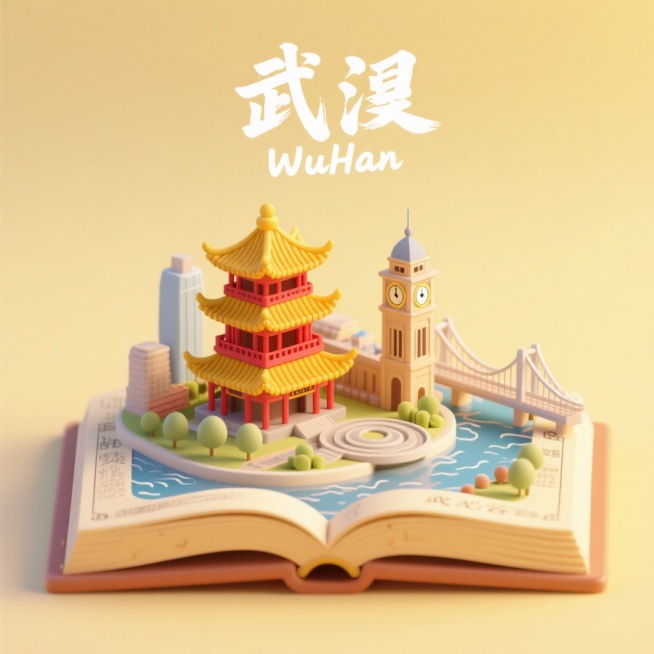 一本打开的古代书籍，书是打开的，书上是武汉城市景观微缩模型，有武汉的黄鹤楼，江汉关，长江大桥，光谷转盘，长江。上方有中文“武汉”和英文“WuHan”，整体画面生动，色调温暖明快，充满活力与朝气，具有梦预览效果