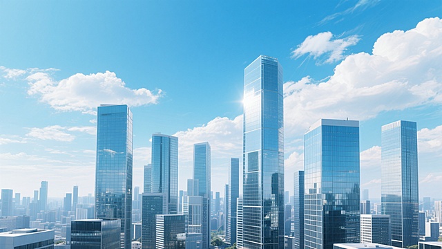 现代简约风格的办公背景，3D渲染效果，以明亮通透的蓝色天空和飘动的白色云彩为背景，前景是鳞次栉比的现代化摩天大楼群，建筑外立面以玻璃幕墙为主，反射着阳光呈现出金属质感的光泽，整体色调清新明快，光影效果自然柔和，展现出繁华都市的商务办公氛围，构图采用开阔的城市全景视角，营造出专业、高效、现代的办公环境意境。