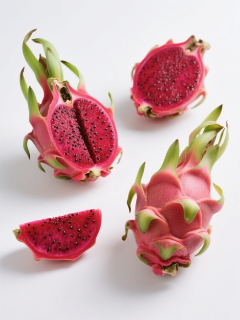 一组4个不同样式的火龙果，干净风格，符合现实逻辑，适用于素材使用。每个火龙果造型独特，有完整的带绿叶的火龙果，有对半切开露出内部黑色籽和红色果肉的火龙果，有切片的火龙果，还有堆叠摆放的火龙果。整体采用高清晰的摄影风格，主体突出，白色背景，色彩鲜艳，红色果肉饱满，绿色叶子新鲜有光泽，光影过渡自然，细节丰富，具有强烈的真实感和质感。预览效果
