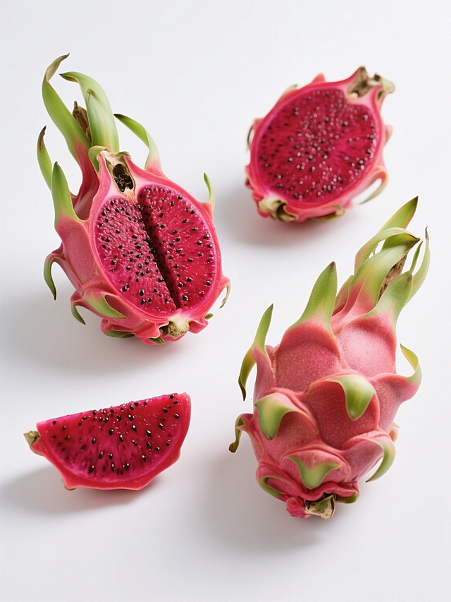 一组4个不同样式的火龙果，干净风格，符合现实逻辑，适用于素材使用。每个火龙果造型独特，有完整的带绿叶的火龙果，有对半切开露出内部黑色籽和红色果肉的火龙果，有切片的火龙果，还有堆叠摆放的火龙果。整体采用高清晰的摄影风格，主体突出，白色背景，色彩鲜艳，红色果肉饱满，绿色叶子新鲜有光泽，光影过渡自然，细节丰富，具有强烈的真实感和质感。