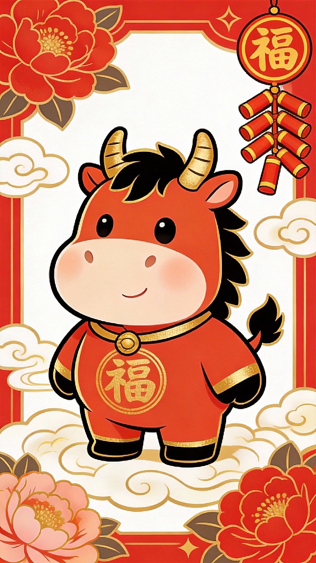 国潮风插画，拟人化小牛身穿红金福服，融合剪纸与鎏金元素，喜庆卡通感十足，传递新春祝福。