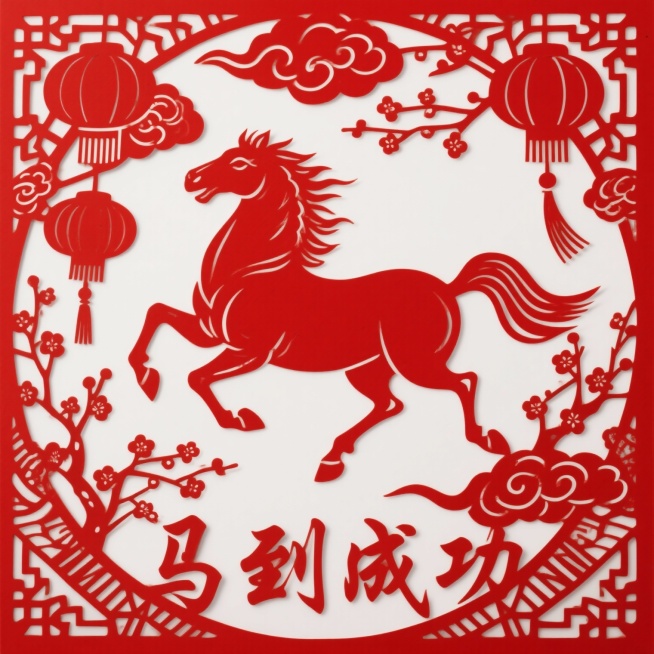 生成马年春节元素的窗花 白底 窗花仅用红色构成 融入“马到成功”字体预览效果