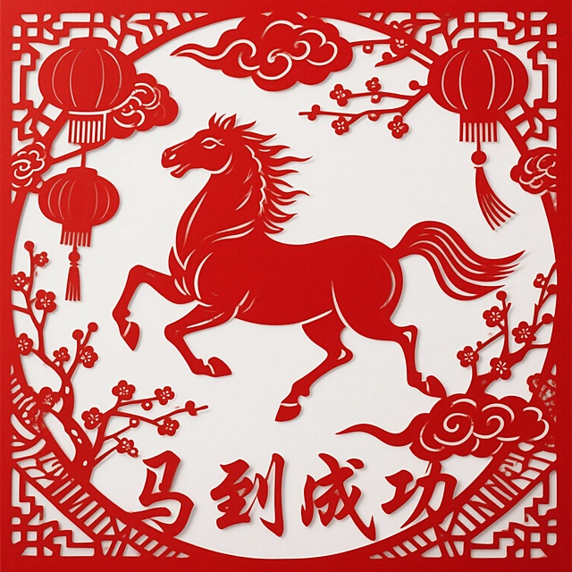 生成马年春节元素的窗花 白底 窗花仅用红色构成 融入“马到成功”字体