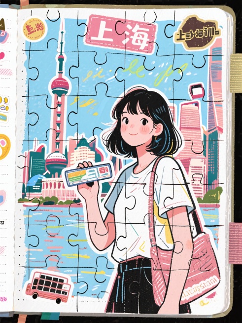 手帐拼图，贴纸拼图，线条涂鸦，海报风格，一个漂亮的女生在上海旅游打卡，背景是上海旅游名胜，大色差，高饱和，高噪点预览效果