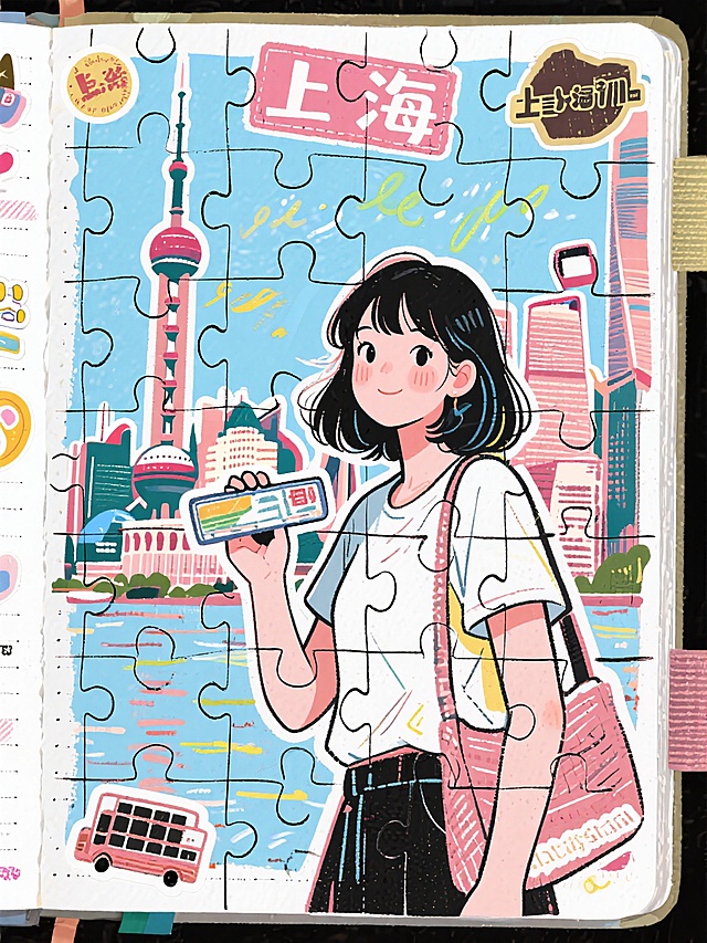 手帐拼图，贴纸拼图，线条涂鸦，海报风格，一个漂亮的女生在上海旅游打卡，背景是上海旅游名胜，大色差，高饱和，高噪点
