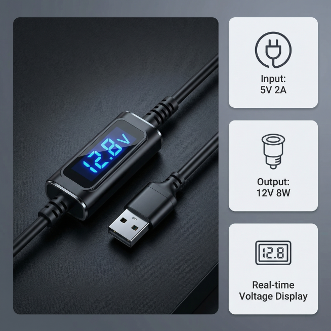 [Main Image 3 - Feature Display] Product display of USB boost cable with digital display, highlight预览效果