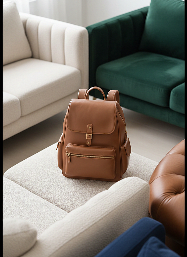 简约现代风格，棕色背包置于柔软沙发之上，营造舒适温馨氛围。