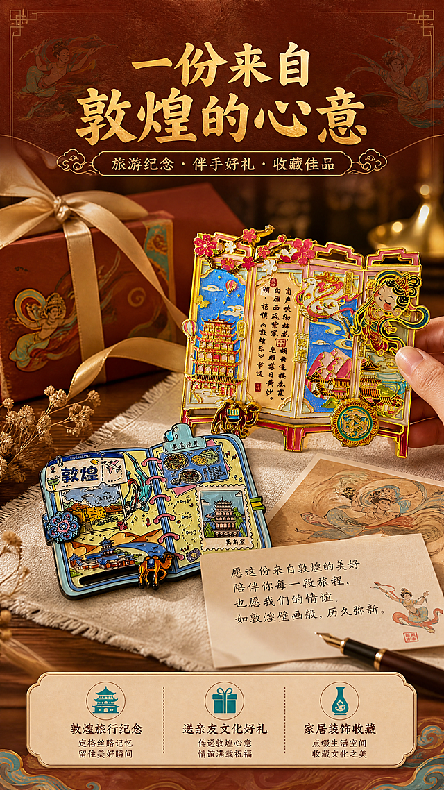 [商品] 使用【图8】屏风诗词款、【图6】手账本旅行款敦煌冰箱贴；保留各款金属珐琅材质、屏风/手账本造型、敦煌图案、诗词文字、金边轮廓，清晰呈现细节，不改变商品本体图案与文字。
[画面] 礼赠场景图，目标展示多用途与礼赠价值。画面为温馨礼赠场景：木质桌面上铺着米色麻布，冰箱贴与明信片、干花、丝带、礼盒一同陈列，旁边有手写贺卡；一只手轻轻拿起屏风款冰箱贴，体现送礼/收藏的仪式感；背景虚化，暖光氛围，突出文创礼品的精致感与心意。
[视觉] 套系策略：风格=国潮敦煌风商业摄影；标题字=国风书法衬线粗体；正文字=现代简洁宋体；主色=朱砂红+暖金；背景延展=基于敦煌壁画土黄、赭石、石青做深浅渐变与肌理质感；强调色=石青/石绿，仅用于小面积图标、引线和装饰元素；标题色=暖金色；正文色=深赭石色；组件=敦煌纹样边框、云纹分割线、圆角信息卡；光影=左前侧暖金色柔光，金属边缘高光明显，珐琅面温润反光。
[文字] 上方主标题"一份来自敦煌的心意"，副标题"旅游纪念 · 伴手好礼 · 收藏佳品"，下方3个使用场景：「敦煌旅行纪念」「送亲友文化好礼」「家居装饰收藏」，配小图标，文字区不遮挡商品主体。
[规格] 图片比例9:16竖版，4K，避免变形、错字、文字过小、冷蓝灰背景、商品颜色改变、结构失真、极限词。