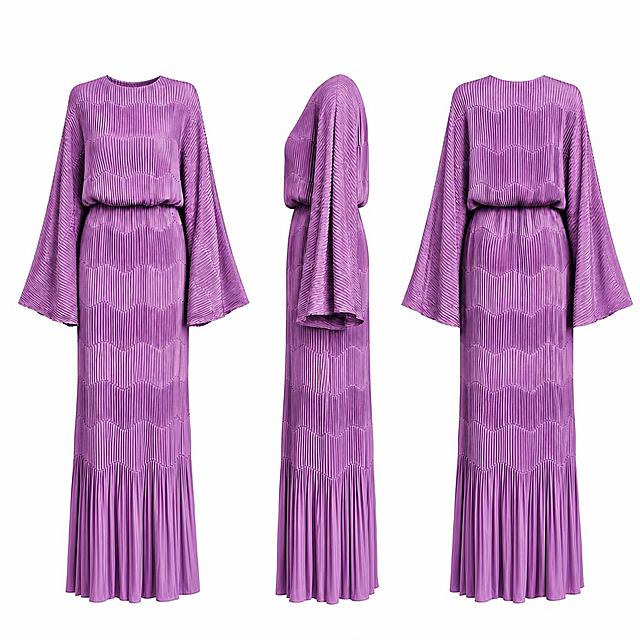 保持图一紫色长袖压褶连衣裙的正面、侧面、背面三视图整体款式、版型、颜色、喇叭袖、圆领、腰部收褶、整体波浪压褶纹理、衣长总长度完全不变，仅修改下摆部分：下摆参考图二的面料压褶工艺，下摆最下方原本的那道压线位置再提高两截，比上一版本的下摆压线明显更高，下摆底部呈现自然垂坠的顺褶效果，下摆压线高度大幅上移两个层级，裙子整体总长度严格保持不变，整体风格统一，白底平铺展示，服装摄影，高清细节，真实面料质感
