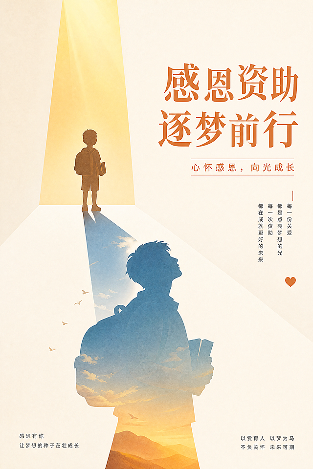 生成一张A3尺寸的感恩资助主题公益海报，参考参考图的创意设计风格，使用正负形创意设计，添加主文案“感恩资助 逐梦前行”，整体风格温暖正能量，适合公益宣传