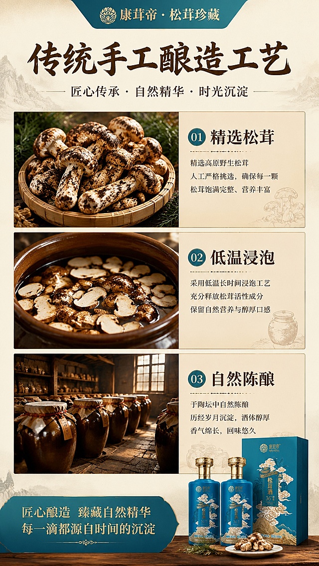 [第3屏] 酿造工艺展示屏-松茸酒传统酿造工艺。本屏使用【图1】产品图做右下角点缀。
[氛围/风格] 传统工匠精神，质感专业，温润历史氛围，商业摄影质感。
[元素布局] 从上到下分三格展示，分别是选料、浸泡、陈酿三个工艺步骤，每个步骤配一张实景小图+文字说明，整屏信息饱满；三格总占比约80%，右下角放置产品小图；核心工艺元素大占屏展示，清晰直观。
[光影质感] 整体均匀柔光，每个步骤图都清晰明亮，对比适中，无强烈明暗反差。
[配色色系] 全局底色 #F5F0E6；主色原木棕，辅助色产品孔雀蓝呼应品牌，和整体风格统一。
[视角构图] 纵向三格平铺，从上到下阅读动线，结构清晰，布局工整。
[文字版式] 版式为顶部总标题 + 三格分步图解。总标题「传统手工酿造工艺」，每格小标题分别为「精选松茸」「低温浸泡」「自然陈酿」，使用和首屏一致的带书法感字体，字色深棕统一，每个步骤文字清晰易读。
[比例分辨率] 9:16 竖版比例，4K分辨率，文字清晰可辨，高清画质。
[负向提示词] 步骤混乱，图片模糊，文字过小，文字错乱，水印，产品变形