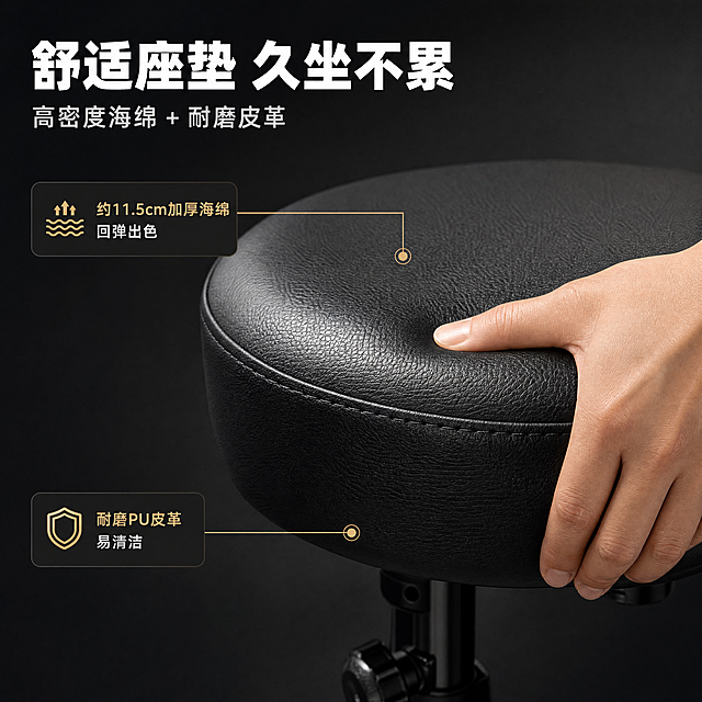 [商品] 使用【图3】右下角座垫特写和【图1】吉他凳座垫；保留圆形座垫形状、黑色皮革纹理、缝线细节、高密度海绵厚度；材质、颜色、结构与原图一致。
[画面] 页面目标：展示座垫舒适感与皮革材质。构图：座垫特写占据画面主体约70%，微微俯视角度，展现皮革纹理和厚度；一只手轻轻按压座垫边缘，体现海绵弹性。景别：微距特写。背景：深色高端质感，柔和渐变。
[视觉] 套系策略：风格=高端真实商业摄影；标题字=粗黑体；正文字=简洁黑体；主色=深炭黑；背景延展=基于深炭黑做深浅层级、同色渐变和细腻质感；强调色=暖金色，仅用于小面积图标、引线和标签；标题色=白色；正文色=浅暖灰；组件=细线引线、圆角深色信息卡；光影=柔和侧光，突出皮革纹理和座垫立体感。
[文字] 左上主标题"舒适座垫 久坐不累"，副标题"高密度海绵 + 耐磨皮革"；引线标注2处："约11.5cm加厚海绵 回弹出色"和"耐磨PU皮革 易清洁"；文字横排，手机端清晰可读。
[规格] 图片比例1:1方形，4K，负向提示：避免变形、错字、文字过小、产品结构改变、冷蓝背景、极限词。