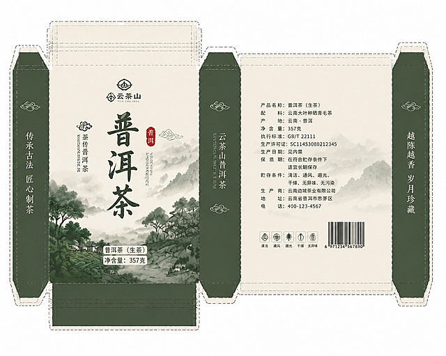 根据参考图的品牌、图案和文字排版，生成云南普洱茶独立小茶包包装平面展开图，保留原图米绿色系配色、国潮山水设计风格和所有文字信息，生成独立小袋包装带完整裁切线的展开图