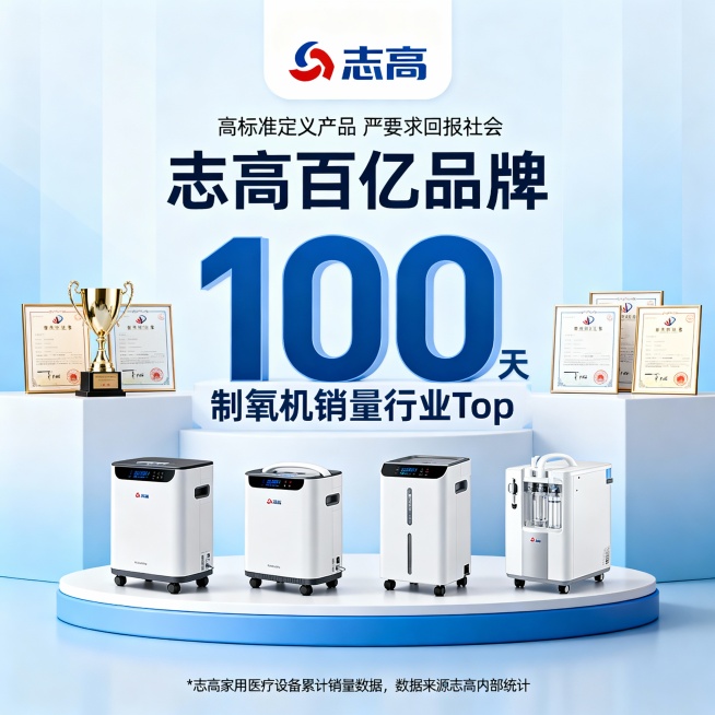 “帮我生成一张志高医疗的产品宣传详情图：
背景用浅蓝渐变色 + 简约立体展台；
顶部放‘志高’带品牌LOGO，，副标题‘高标准定义产品 严要求回报社会’；
中间突出‘志高百亿品牌’（‘100’放大加粗预览效果
