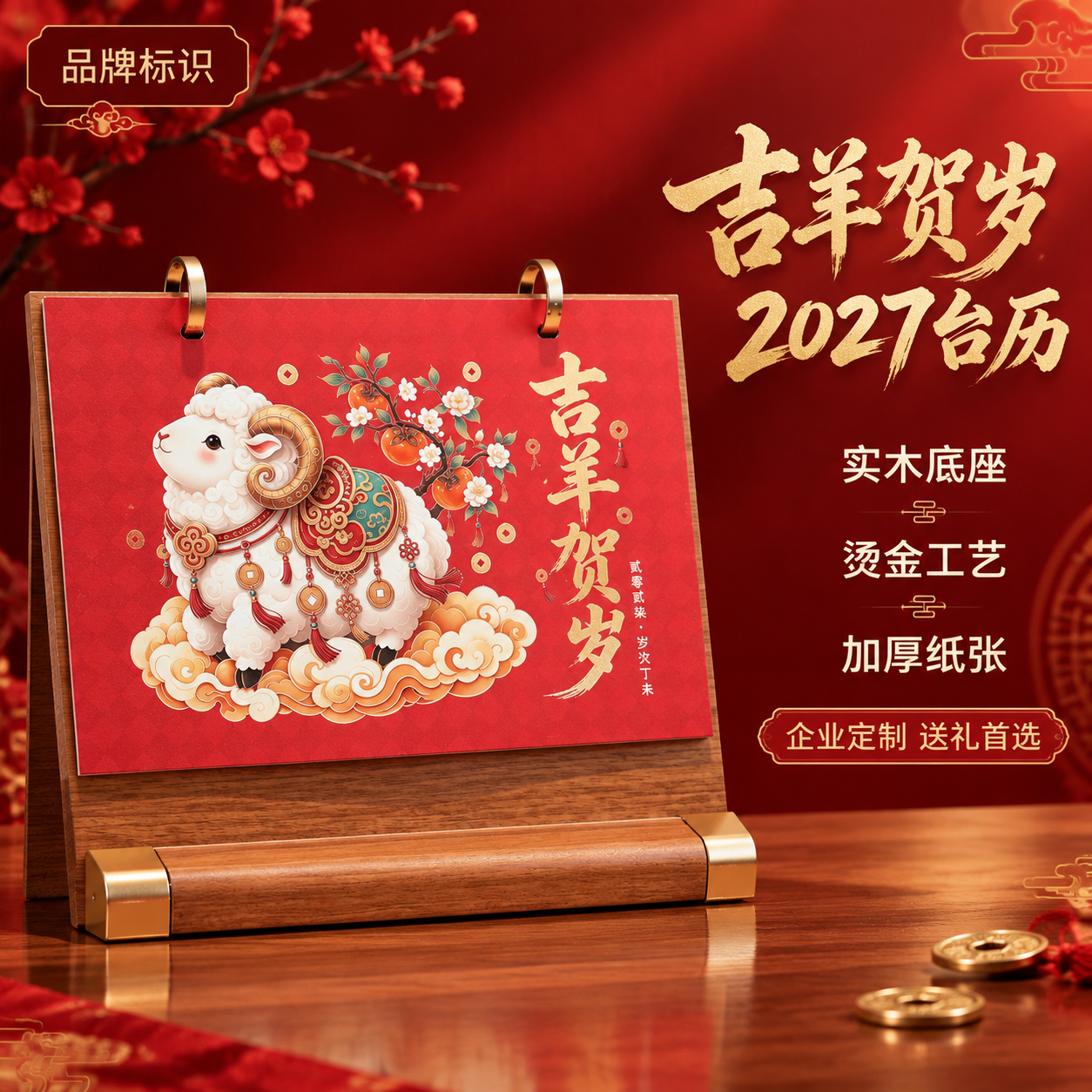 [主图-1] 2027吉羊贺岁实木台历首图，展示产品整体外观与… - 图片创意预览