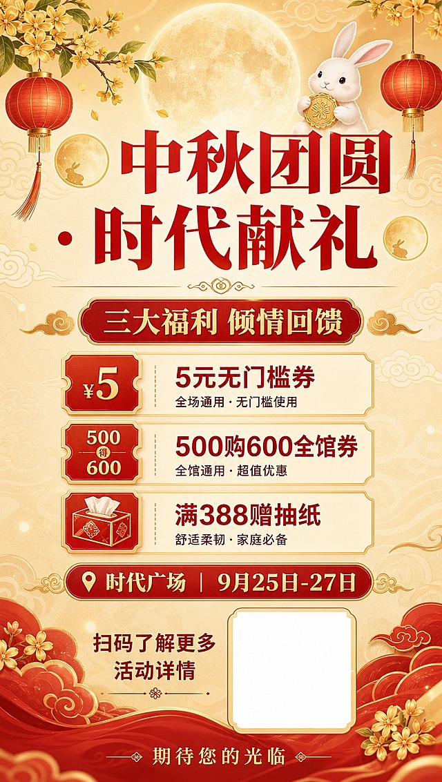 [商品] 无实物产品图，为活动收尾引导页；底部预留200x200px二维码空白位。
[画面] 活动尾图，居中展示活动信息汇总，上方有圆月玉兔桂花灯笼等中秋元素装饰，下方有地址时间信息和二维码位；整体喜庆圆满，与头图呼应形成闭环；背景有祥云纹理。
[视觉] 套系策略：风格=中秋国风商业海报；标题字=粗宋体系列，厚重有力；正文字=简洁无衬线体；主色=正红色+金色；背景延展=米白渐变到浅金色，带细腻云纹底纹；强调色=金色，用于图标、标签边框、装饰线条；标题色=正红色；正文色=深棕红；组件=圆角红底金字折扣标签、金色细线分割、祥云纹样、圆月元素；光影=柔和顶光，金色光晕点缀。
[文字] 顶部大标题"🌕 中秋团圆 · 时代献礼 🌕"；中部活动回顾："三大福利 倾情回馈"，简要列出5元无门槛券、500购600全馆券、满388赠抽纸；下方"📍 时代广场 | 9月25日-27日"；底部右侧预留200x200px二维码空白位，左侧配文"扫码了解更多活动详情"；页脚小字"期待您的光临"。文字全部横排。
[规格] 竖版1080x1920px，4K分辨率，负向：避免文字模糊、二维码位过小、冷色调、风格与头图不一致、文字竖排旋转。