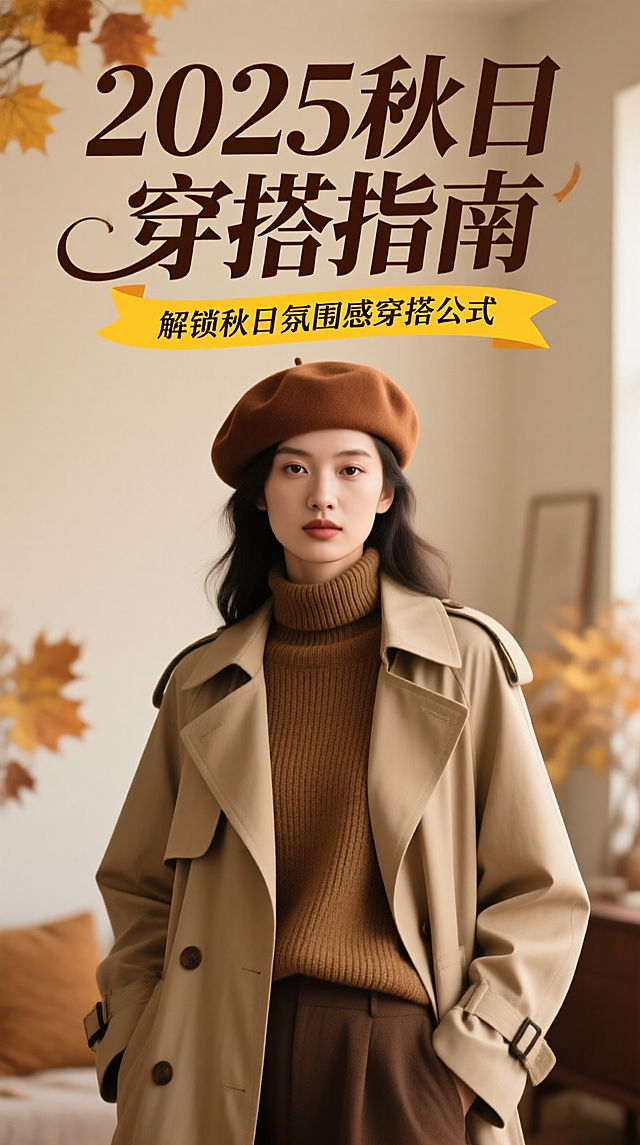 复古感与文艺感交织，轻拟物风呈现秋天氛围，质感面料搭配温暖色调，杂志风构图营造优雅温馨的时尚场景。