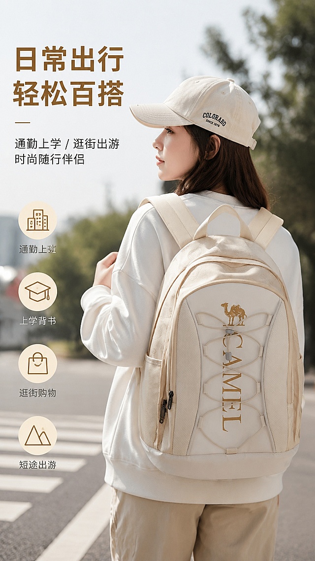 淘宝天猫电商详情页第五屏，场景化展示，模特背着骆驼浅米色双肩背包的日常出行场景，9:16竖版