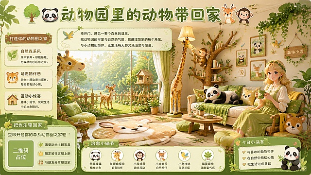 治愈清新森系卡通风格海报，低饱和柔绿主色调，融合家装温馨感与动物园童趣感，整体柔和明亮，无厚重暗沉元素，适配游戏女性休闲玩家审美。

主体场景：一间开放式原木风理想家小屋客厅，全屋布满动物园主题软装。窗边摆放巨型长颈鹿落地灯，长脖颈抵到天花板，小鹿造型地毯铺在落地窗草坪区域。沙发上趴着圆滚滚熊猫玩偶，旁边树枝造型书架上蹲着卡通小猴子摆件。阳台打造迷你青草地庭院，立小鹿雕塑、绿植栅栏、小树屋装饰。

趣味互动细节：长颈鹿脑袋探进落地窗偷看屋内、小猴子扒拉书架摆件、熊猫瘫在沙发、小鹿站阳台草坪，还原文案幻想画面。点缀细碎治愈元素：散落竹叶、小鸟挂饰、藤蔓绿植、彩色小动物抱枕。

氛围光影：柔和暖白光透过落地窗，林间光斑洒落地板，营造慵懒治愈居家氛围。

人物：画面右侧有一位金发卡通女性角色，治愈系森系穿搭，面带微笑，与场景互动。

分区文字排版（分层区分模块，清晰不杂乱）：
顶部标题区：文字"🌳把动物园里的动物带回家"，手绘小树+卡通小动物头像（熊猫/小鹿/猴子小简笔画）装饰标题两侧，字体圆润可爱。
引言美文区：放置在主视觉上方留白处，浅淡半透绿色底框承托优美介绍文字，搭配细线条小动物简笔花边（飞鸟、小鹿轮廓）做边框装饰。

版式精美，画面中所有信息区域必须填充完整合理的内容，不得出现空白框、空白占位、横线待填写区域、空列表项、空单元格。画面中所有二维码区域使用纯色方块占位符呈现，方块中央标注"二维码占位"文字，严禁生成任何可识别的二维码图案。