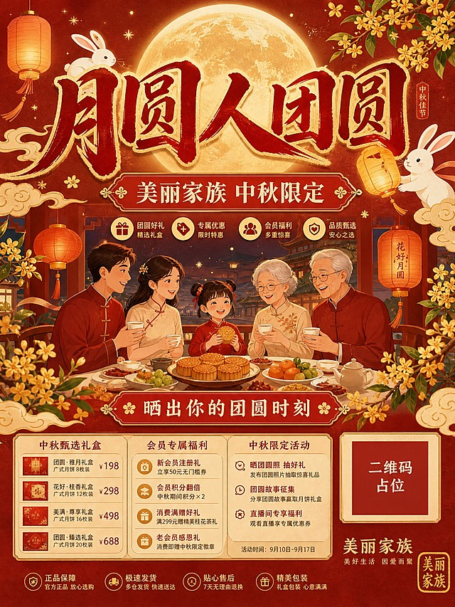 小红书中秋节封面图，3:4竖版，大字封面排版，国风新中式插画风格，暖金与朱红配色。上方大号主标题「月圆人团圆」横向铺满视觉区，笔画周围装饰一轮满月、玉兔、桂花与灯笼；中部副标题「美丽家族 中秋限定」，底部一行引导文案「晒出你的团圆时刻」，右下角品牌名「美丽家族」与金色印章，背景点缀祥云、星星与金桂，文字与图形分区清晰，标题醒目有冲击力。版式精美，四边留安全边距，所有文字清晰可读。画面中所有信息区域、套餐卡片、价格表格、权益列表、对比模块、福利条目、课程大纲、议程、嘉宾介绍区等必须填充完整合理的内容，不得出现空白框、空白占位、横线待填写区域、空列表项、空单元格；用户未提供具体内容时，基于海报主题和场景合理补全典型内容，确保是完整可用的成品海报而非待填写模板。画面中所有二维码区域使用纯色方块占位符呈现，方块中央标注"二维码占位"文字，严禁生成任何可识别的二维码图案。