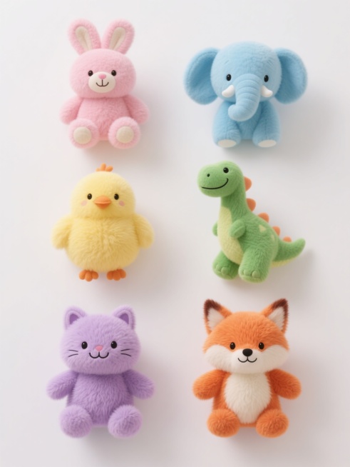 白色背景上，六个不同色彩的毛绒玩偶（分别为粉色小熊、蓝色小象、黄色小鸡、绿色恐龙、紫色猫咪、橙色狐狸），每个玩偶都具有原图中兔子玩偶的超写实毛绒质感、柔和均匀的光影、圆润可爱的造型和微笑表情，整体采用规整的两行三列网格排布，保持一致的高清晰度和简洁干净的画面风格。预览效果
