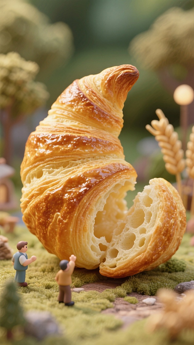 梦幻卡通风格，微缩艺术展现巨大 croissant，人物互动增添趣味。
