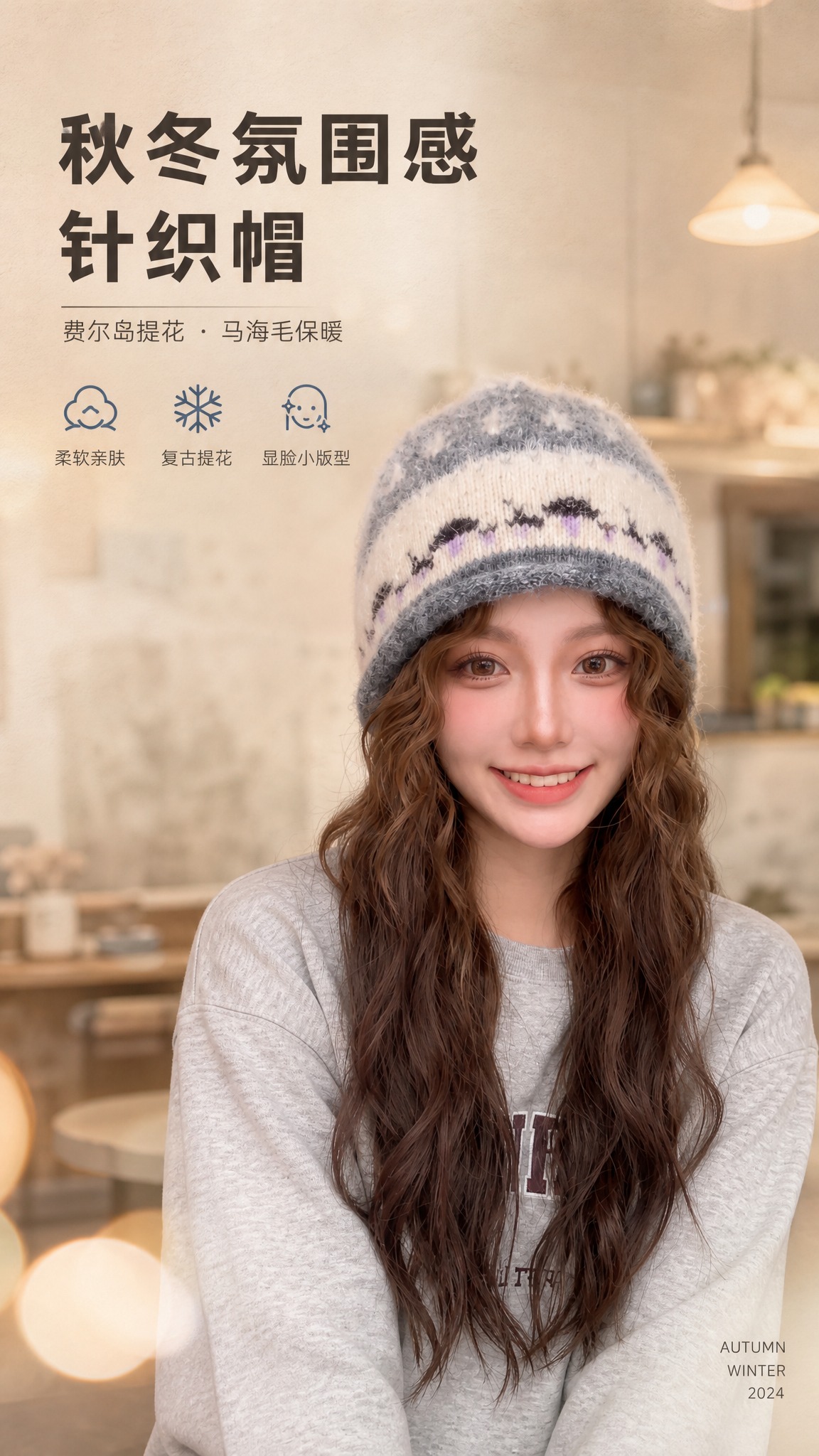 [商品] 使用【图3】灰紫提花款费尔岛针织帽模特图；保留帽子的… - 图片创意预览