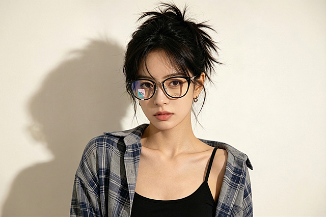 给照片中的女士戴上参考图中的黑框金属镜腿防蓝光眼镜，保持原照片的人物样貌、发型、服装、光线和背景不变，眼镜佩戴自然贴合